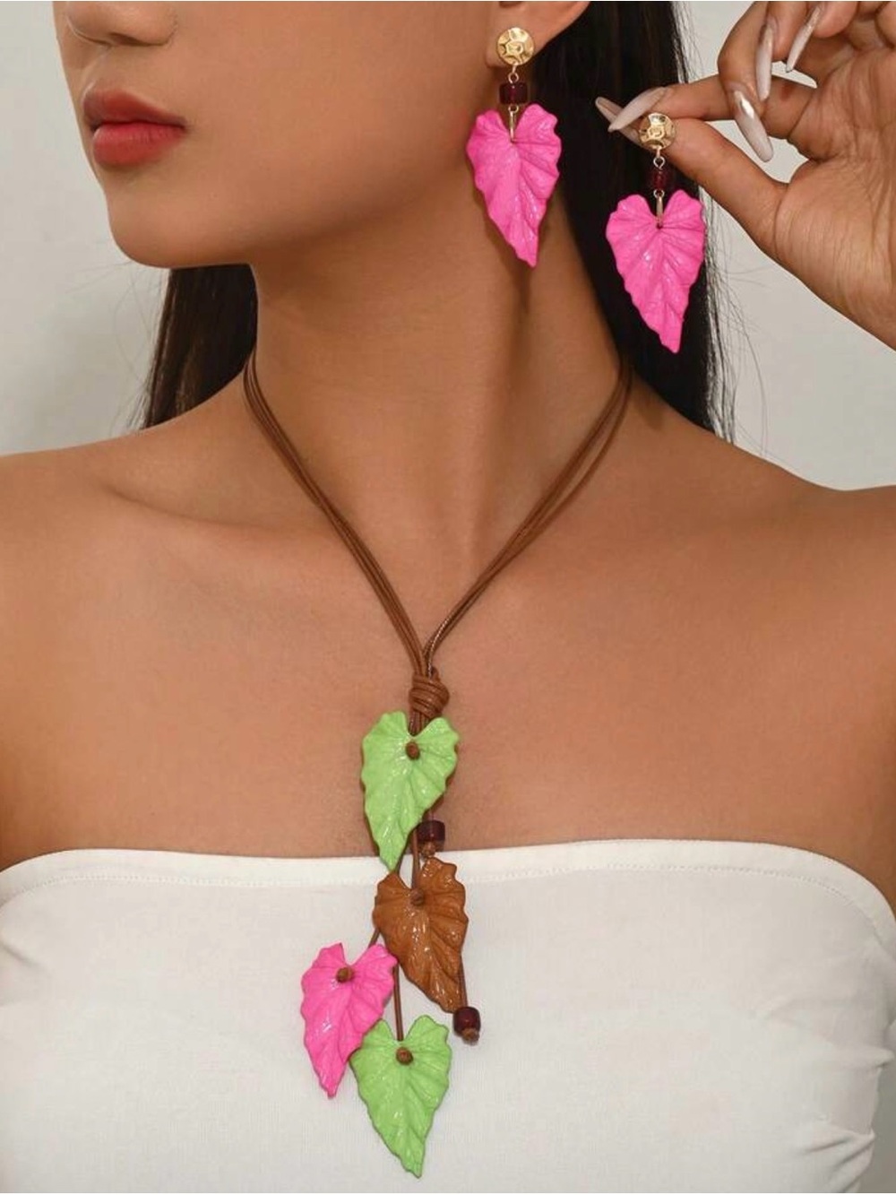 Handcrafted Leaf Pendant Necklace and Earrings Set - Pink, Green, Brown